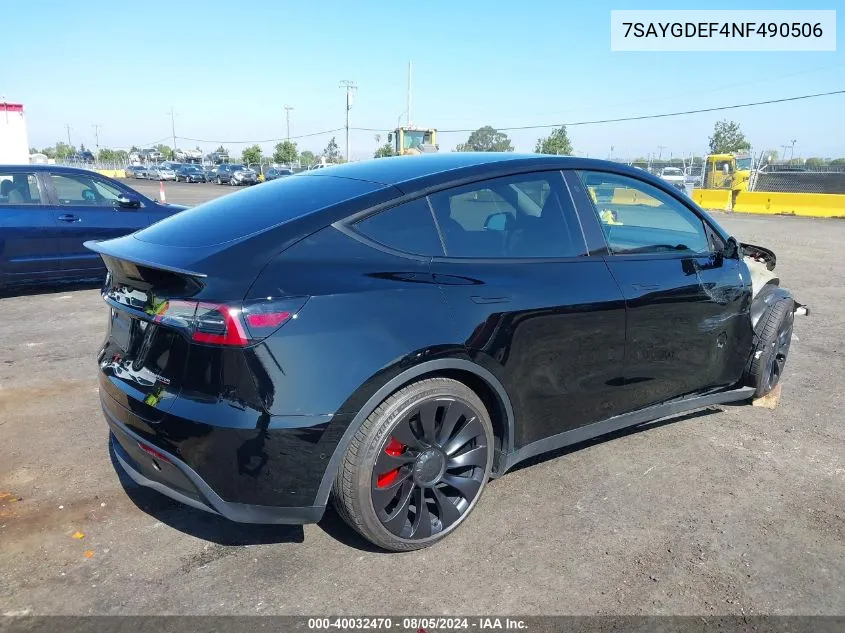 2022 Tesla Model Y Performance Dual Motor All-Wheel Drive VIN: 7SAYGDEF4NF490506 Lot: 40032470