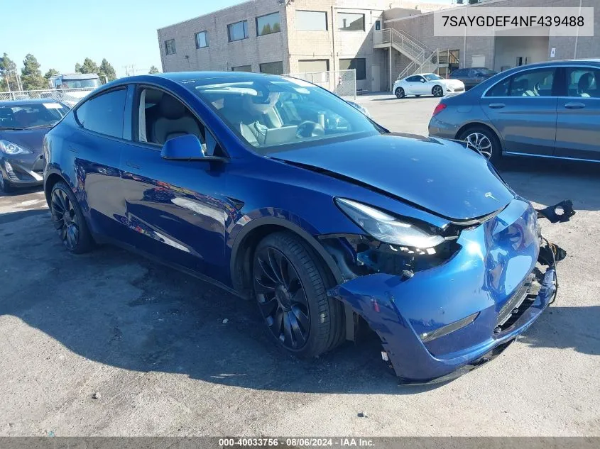 2022 Tesla Model Y Performance Dual Motor All-Wheel Drive VIN: 7SAYGDEF4NF439488 Lot: 40033756