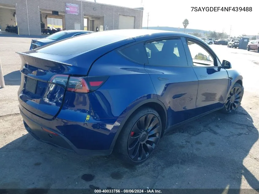 2022 Tesla Model Y Performance Dual Motor All-Wheel Drive VIN: 7SAYGDEF4NF439488 Lot: 40033756