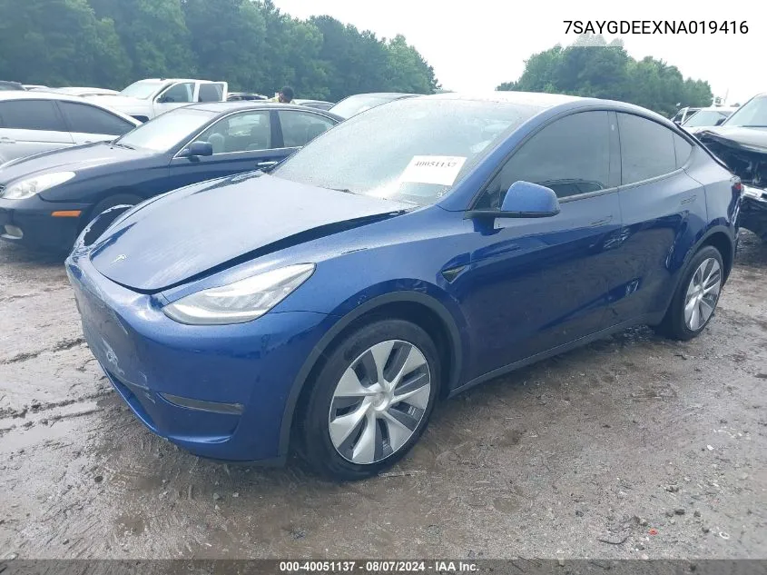 2022 Tesla Model Y Long Range Dual Motor All-Wheel Drive VIN: 7SAYGDEEXNA019416 Lot: 40051137