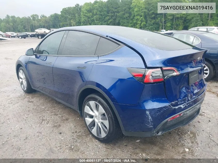 2022 Tesla Model Y Long Range Dual Motor All-Wheel Drive VIN: 7SAYGDEEXNA019416 Lot: 40051137