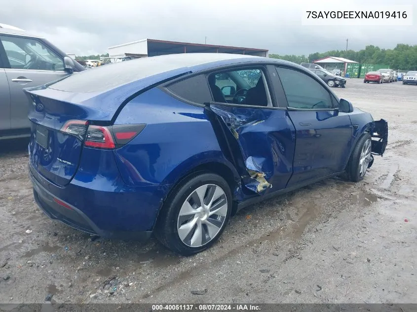 2022 Tesla Model Y Long Range Dual Motor All-Wheel Drive VIN: 7SAYGDEEXNA019416 Lot: 40051137