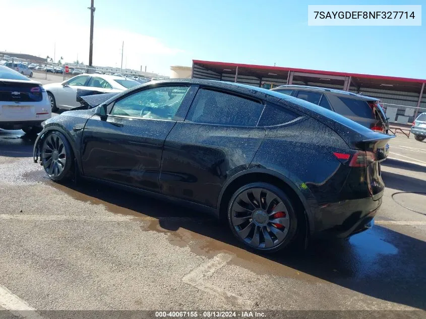 2022 Tesla Model Y Performance Dual Motor All-Wheel Drive VIN: 7SAYGDEF8NF327714 Lot: 40067155