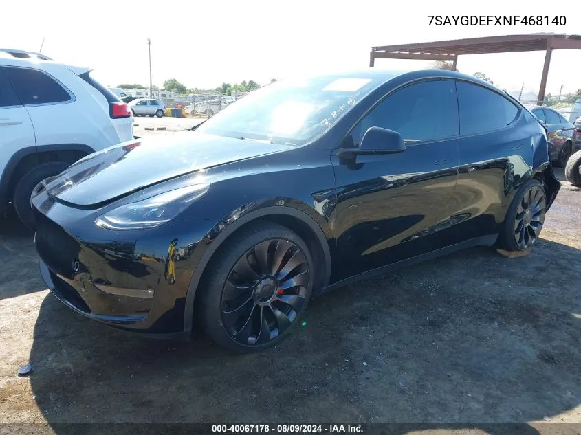 2022 Tesla Model Y Performance Dual Motor All-Wheel Drive VIN: 7SAYGDEFXNF468140 Lot: 40067178