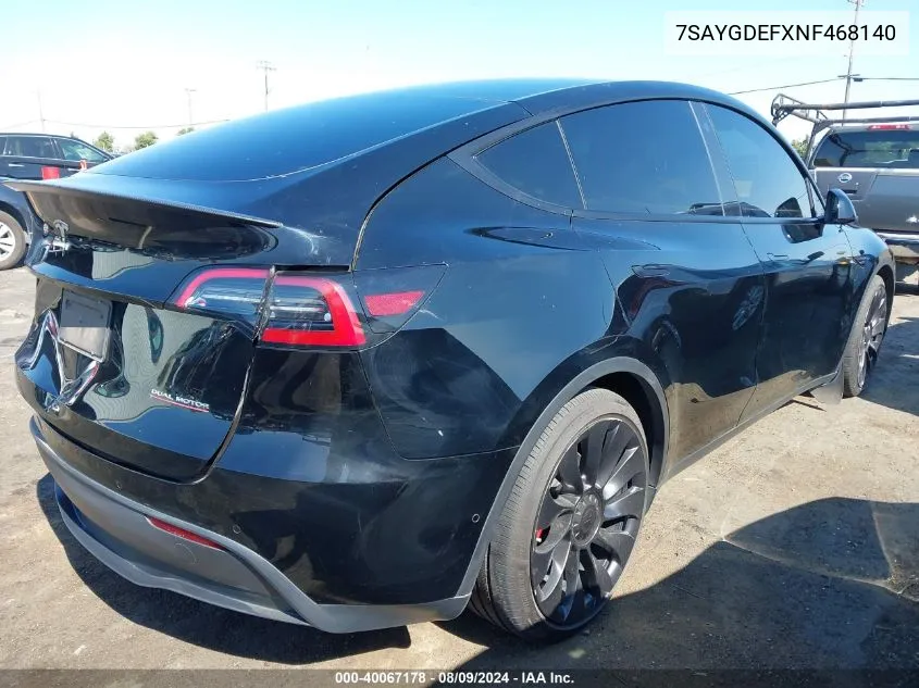 2022 Tesla Model Y Performance Dual Motor All-Wheel Drive VIN: 7SAYGDEFXNF468140 Lot: 40067178