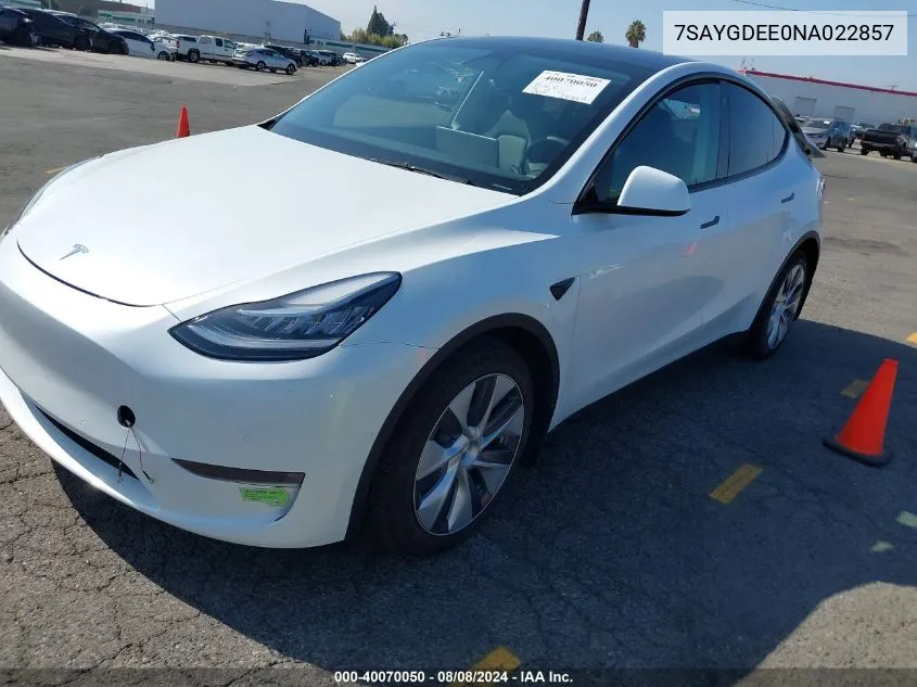 2022 Tesla Model Y Long Range Dual Motor All-Wheel Drive VIN: 7SAYGDEE0NA022857 Lot: 40070050