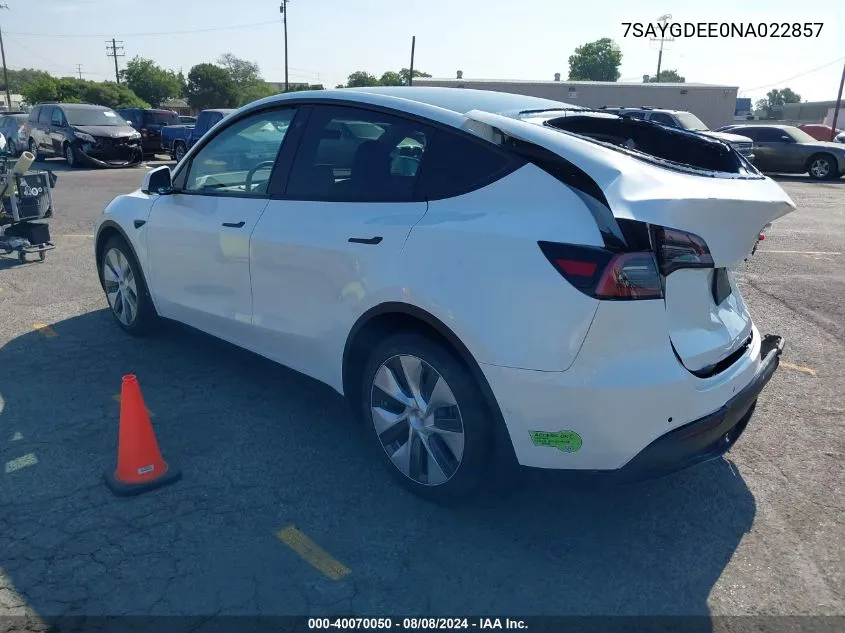 2022 Tesla Model Y Long Range Dual Motor All-Wheel Drive VIN: 7SAYGDEE0NA022857 Lot: 40070050