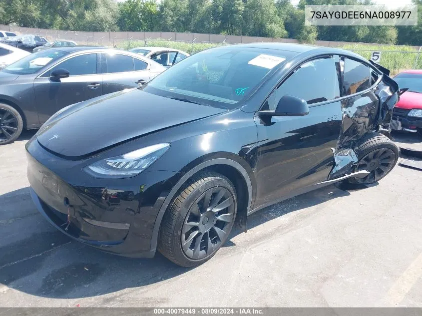 2022 Tesla Model Y Long Range Dual Motor All-Wheel Drive VIN: 7SAYGDEE6NA008977 Lot: 40079449