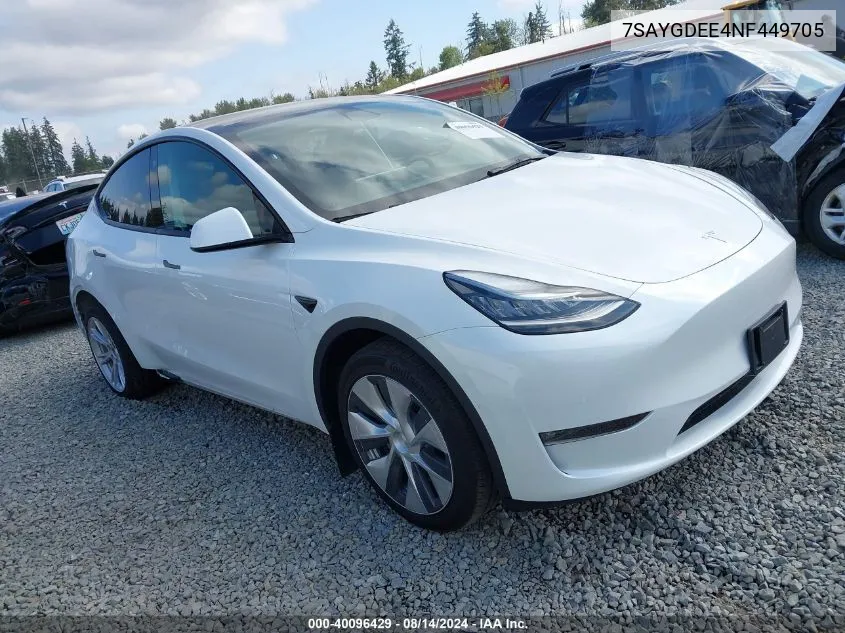 2022 Tesla Model Y Long Range Dual Motor All-Wheel Drive VIN: 7SAYGDEE4NF449705 Lot: 40096429