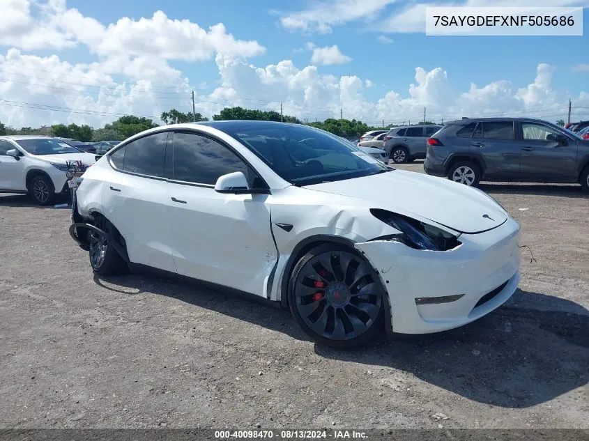 2022 Tesla Model Y Performance Dual Motor All-Wheel Drive VIN: 7SAYGDEFXNF505686 Lot: 40098470