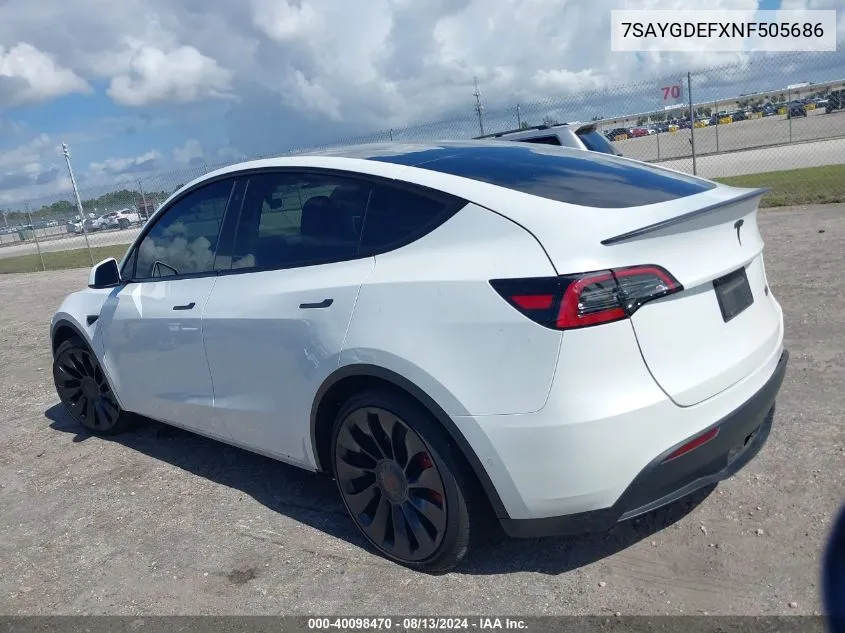 2022 Tesla Model Y Performance Dual Motor All-Wheel Drive VIN: 7SAYGDEFXNF505686 Lot: 40098470