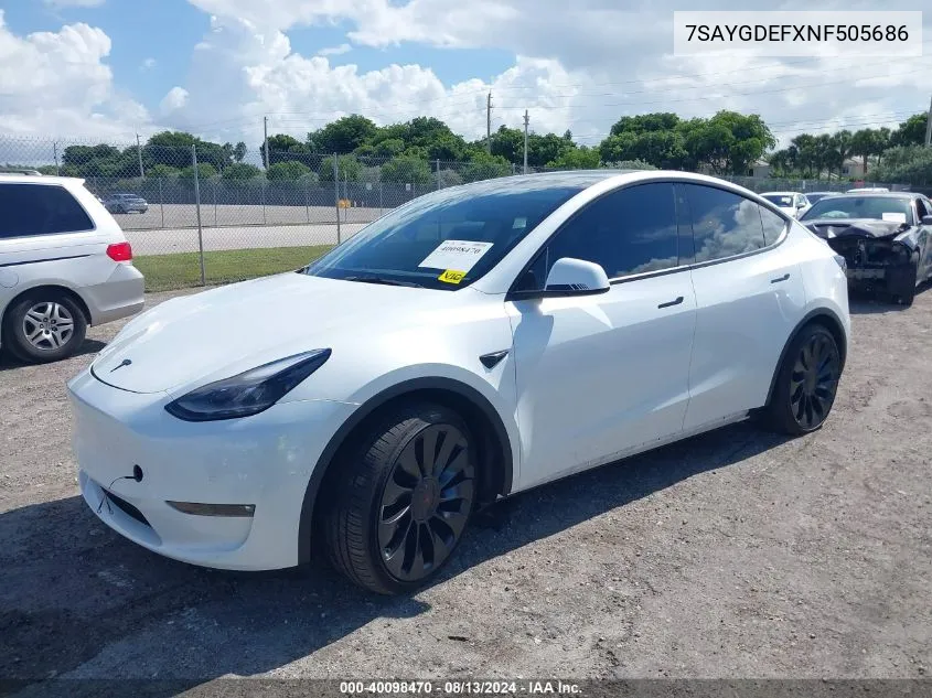 2022 Tesla Model Y Performance Dual Motor All-Wheel Drive VIN: 7SAYGDEFXNF505686 Lot: 40098470