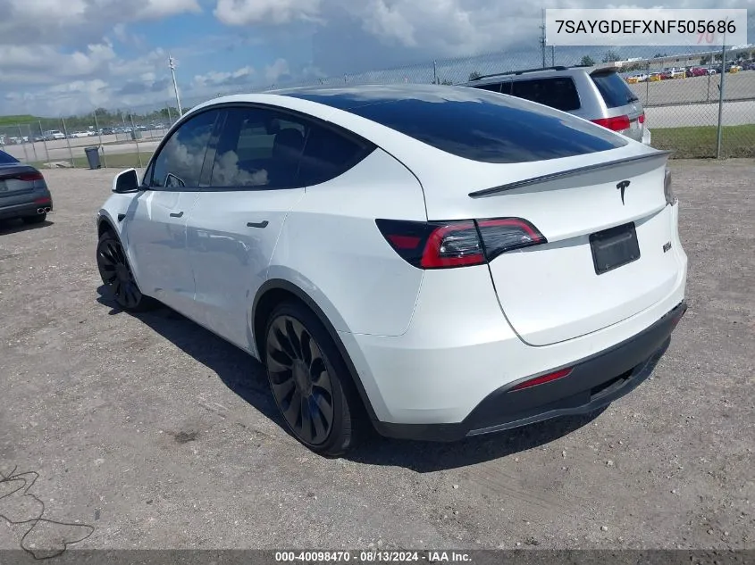 2022 Tesla Model Y Performance Dual Motor All-Wheel Drive VIN: 7SAYGDEFXNF505686 Lot: 40098470