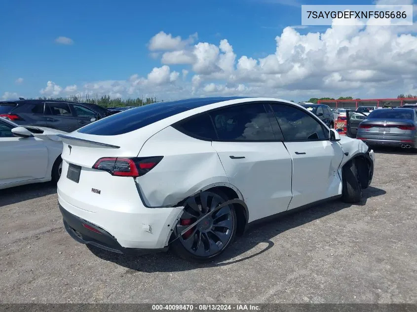 2022 Tesla Model Y Performance Dual Motor All-Wheel Drive VIN: 7SAYGDEFXNF505686 Lot: 40098470