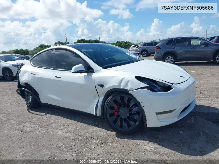 2022 Tesla Model Y Performance Dual Motor All-Wheel Drive VIN: 7SAYGDEFXNF505686 Lot: 40098470