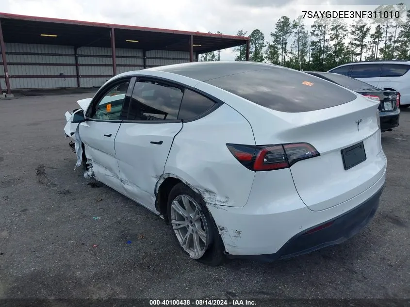 2022 Tesla Model Y Long Range Dual Motor All-Wheel Drive VIN: 7SAYGDEE3NF311010 Lot: 40100438