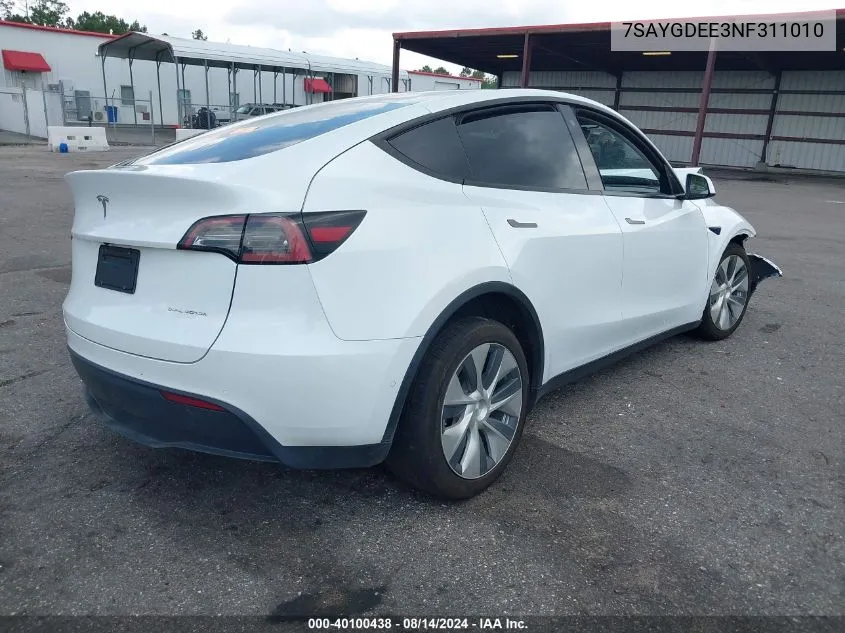 2022 Tesla Model Y Long Range Dual Motor All-Wheel Drive VIN: 7SAYGDEE3NF311010 Lot: 40100438