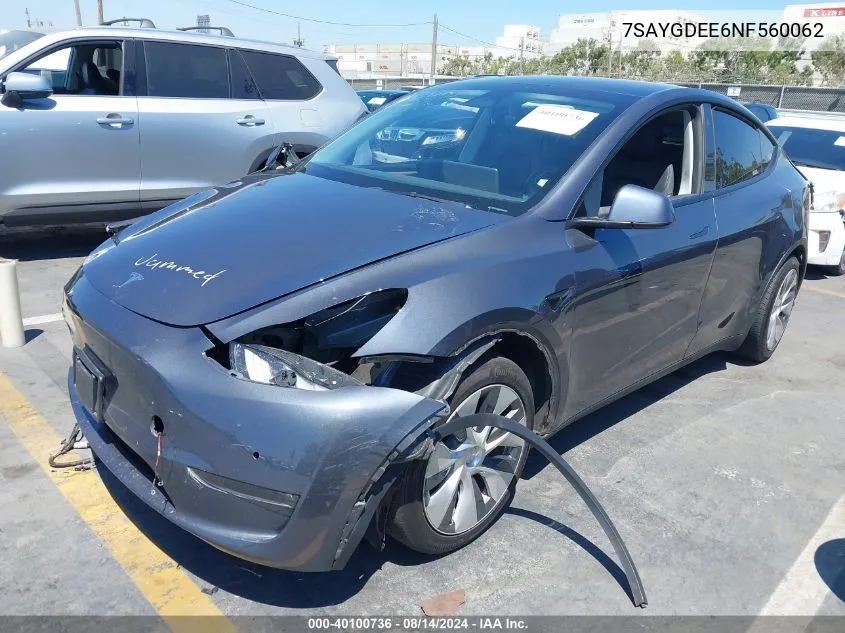 2022 Tesla Model Y Long Range Dual Motor All-Wheel Drive VIN: 7SAYGDEE6NF560062 Lot: 40100736