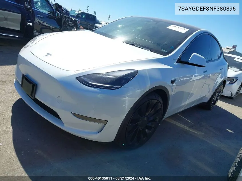 2022 Tesla Model Y VIN: 7SAYGDEF8NF380896 Lot: 40135011