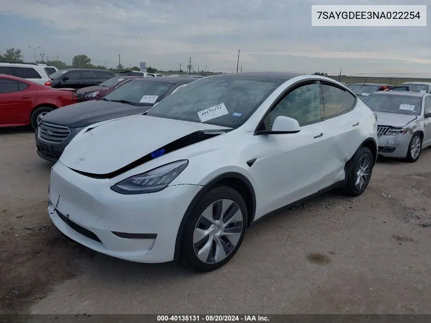 2022 Tesla Model Y VIN: 7SAYGDEE3NA022254 Lot: 40135131