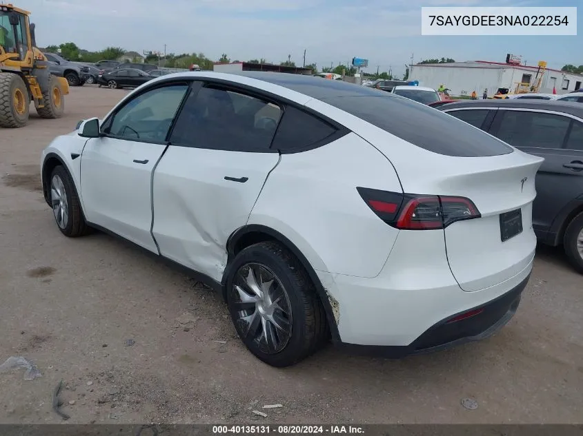 2022 Tesla Model Y VIN: 7SAYGDEE3NA022254 Lot: 40135131