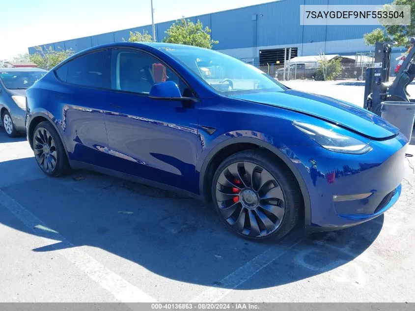 2022 Tesla Model Y Performance Dual Motor All-Wheel Drive VIN: 7SAYGDEF9NF553504 Lot: 40136863