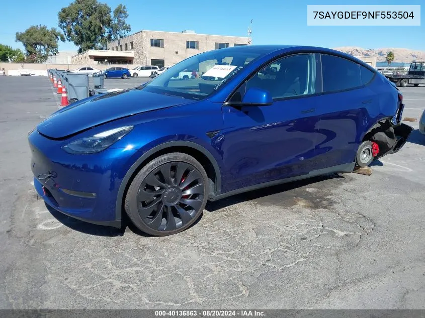 2022 Tesla Model Y Performance Dual Motor All-Wheel Drive VIN: 7SAYGDEF9NF553504 Lot: 40136863