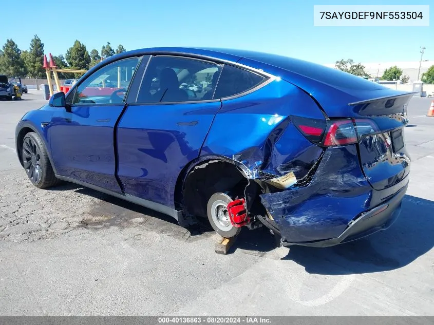 2022 Tesla Model Y Performance Dual Motor All-Wheel Drive VIN: 7SAYGDEF9NF553504 Lot: 40136863