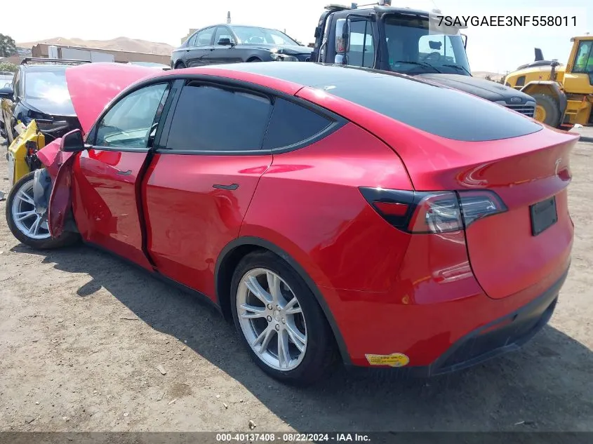 2022 Tesla Model Y Long Range Dual Motor All-Wheel Drive VIN: 7SAYGAEE3NF558011 Lot: 40137408