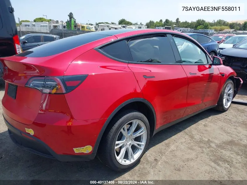 2022 Tesla Model Y Long Range Dual Motor All-Wheel Drive VIN: 7SAYGAEE3NF558011 Lot: 40137408