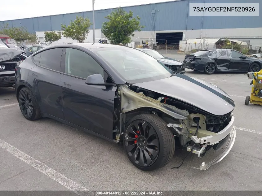 2022 Tesla Model Y Performance Dual Motor All-Wheel Drive VIN: 7SAYGDEF2NF520926 Lot: 40144012