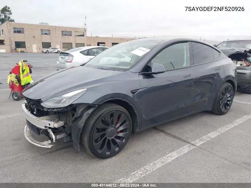 2022 Tesla Model Y Performance Dual Motor All-Wheel Drive VIN: 7SAYGDEF2NF520926 Lot: 40144012