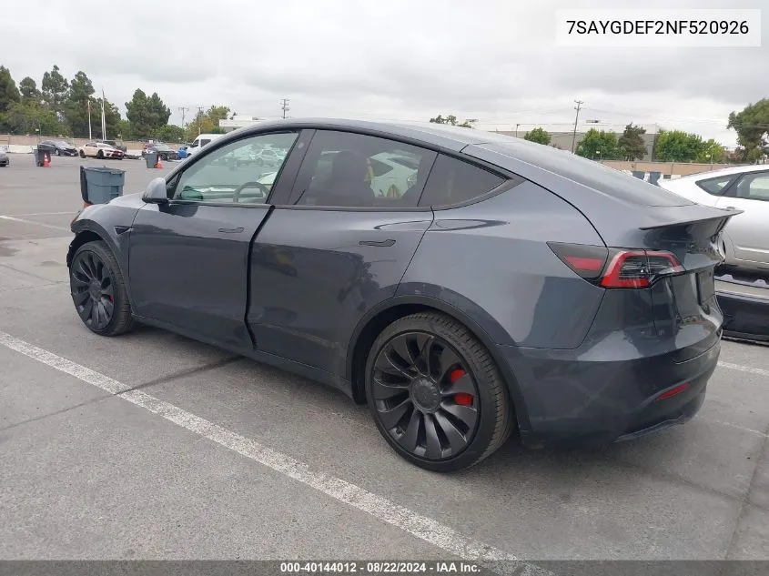 2022 Tesla Model Y Performance Dual Motor All-Wheel Drive VIN: 7SAYGDEF2NF520926 Lot: 40144012