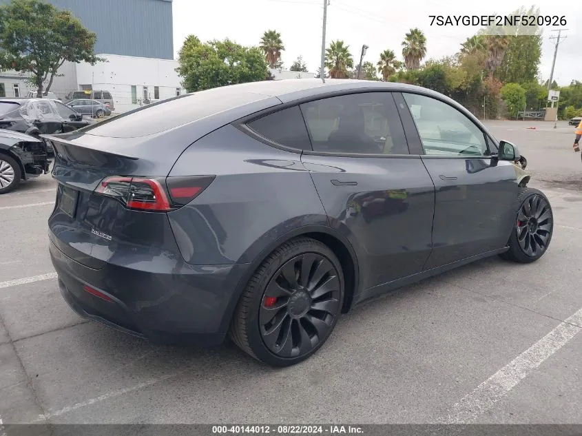 2022 Tesla Model Y Performance Dual Motor All-Wheel Drive VIN: 7SAYGDEF2NF520926 Lot: 40144012