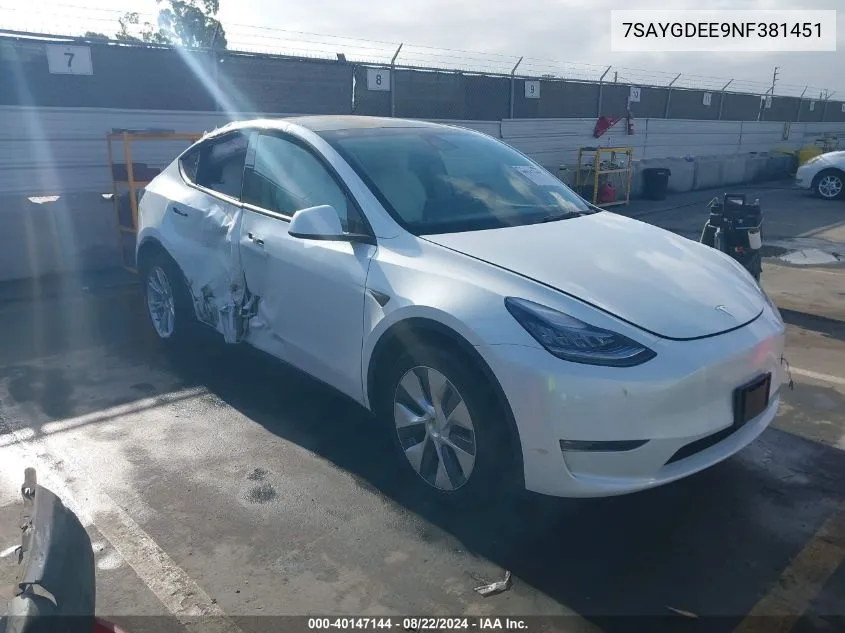 2022 Tesla Model Y Long Range Dual Motor All-Wheel Drive VIN: 7SAYGDEE9NF381451 Lot: 40147144