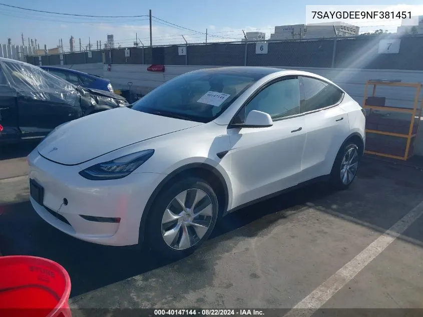 2022 Tesla Model Y Long Range Dual Motor All-Wheel Drive VIN: 7SAYGDEE9NF381451 Lot: 40147144