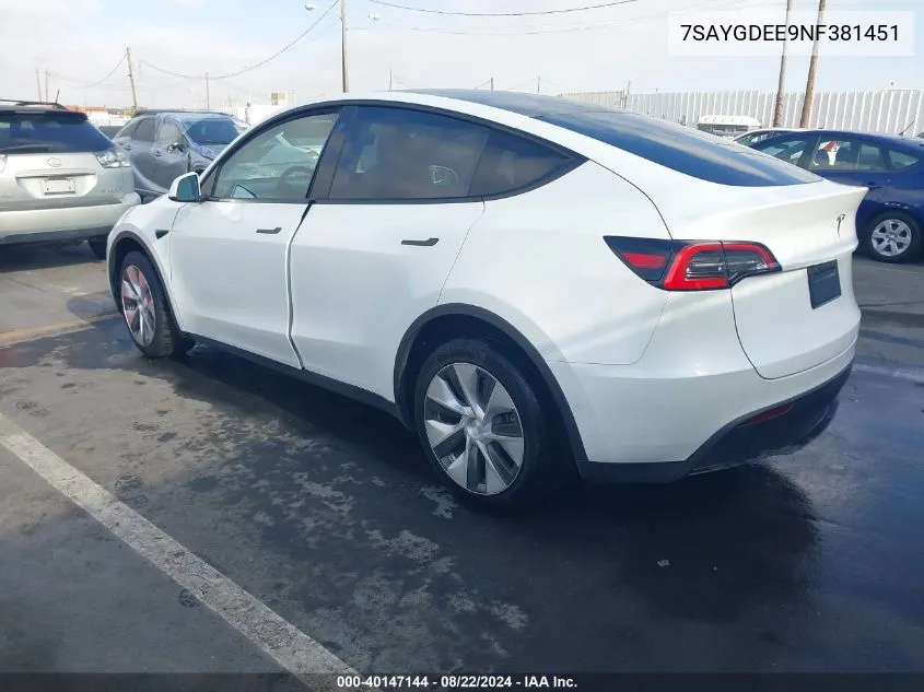 2022 Tesla Model Y Long Range Dual Motor All-Wheel Drive VIN: 7SAYGDEE9NF381451 Lot: 40147144