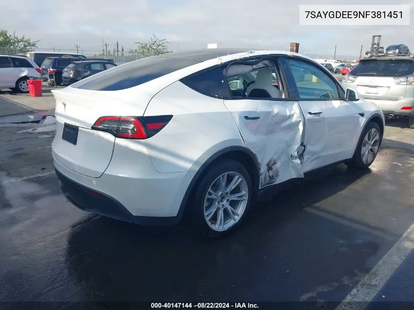 2022 Tesla Model Y Long Range Dual Motor All-Wheel Drive VIN: 7SAYGDEE9NF381451 Lot: 40147144