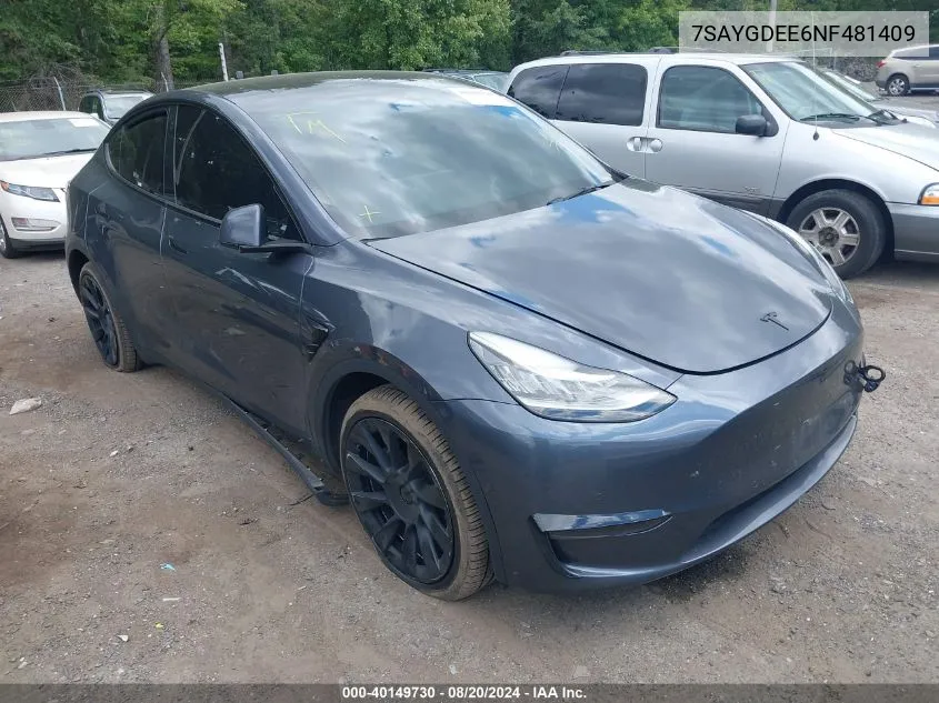 2022 Tesla Model Y VIN: 7SAYGDEE6NF481409 Lot: 40149730