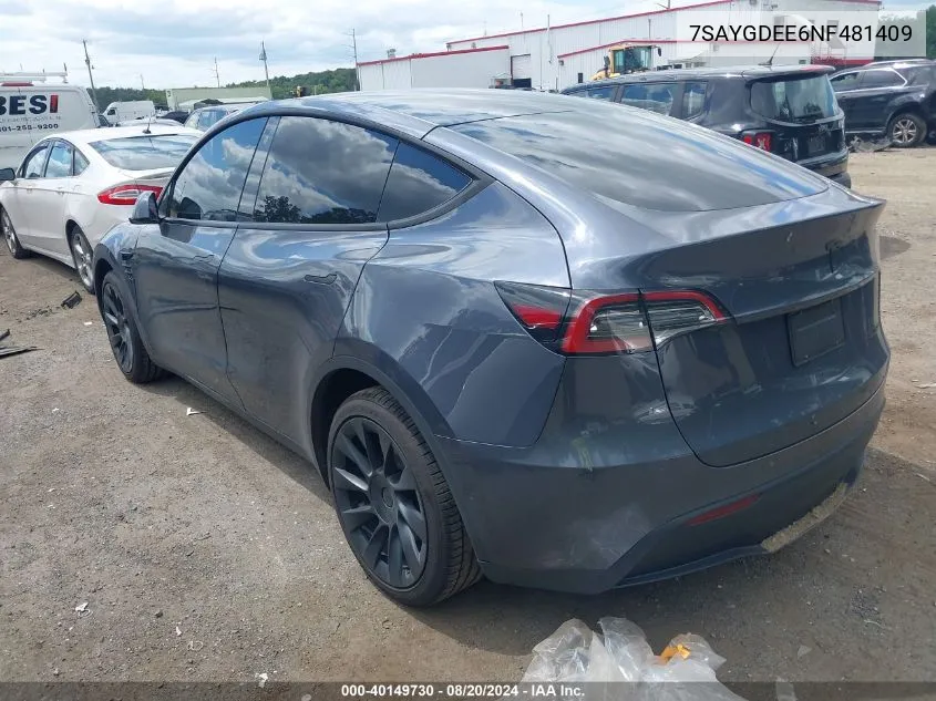 2022 Tesla Model Y VIN: 7SAYGDEE6NF481409 Lot: 40149730