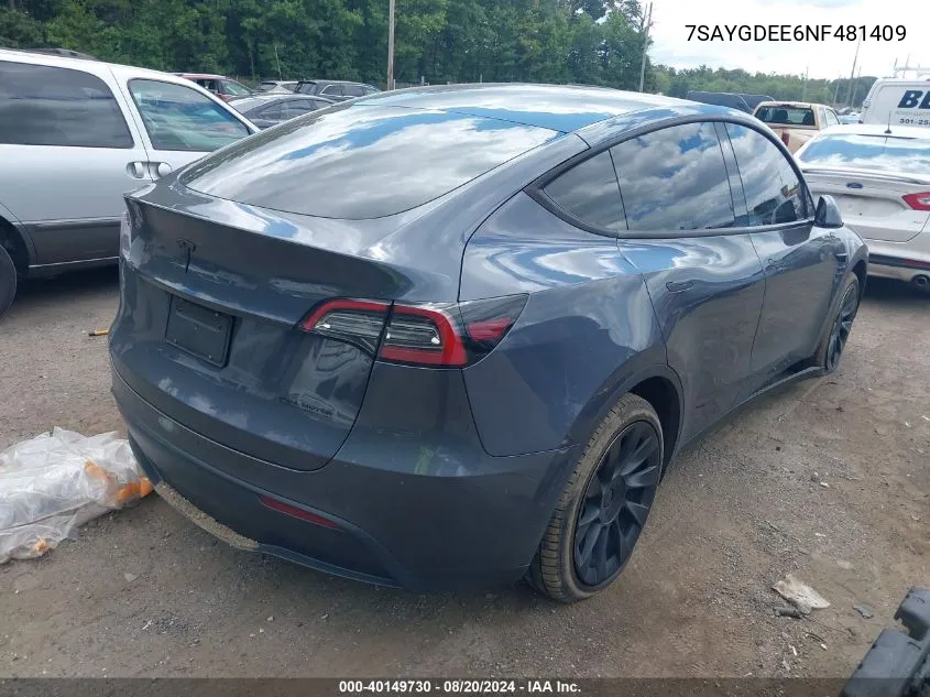 2022 Tesla Model Y VIN: 7SAYGDEE6NF481409 Lot: 40149730