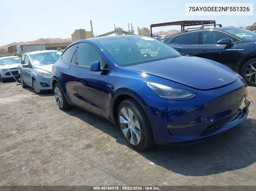 2022 Tesla Model Y Long Range Dual Motor All-Wheel Drive VIN: 7SAYGDEE2NF551326 Lot: 40166516