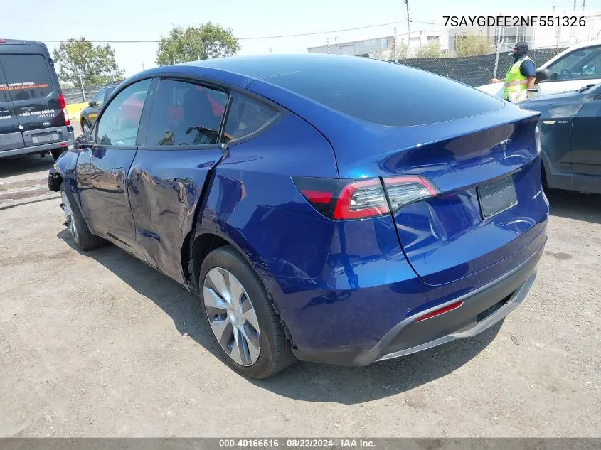 2022 Tesla Model Y Long Range Dual Motor All-Wheel Drive VIN: 7SAYGDEE2NF551326 Lot: 40166516