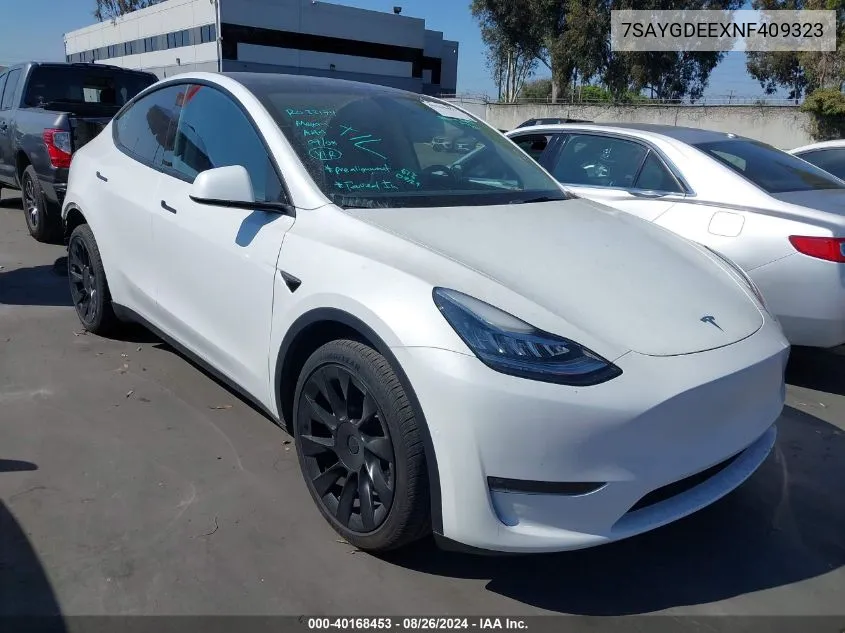 2022 Tesla Model Y Long Range Dual Motor All-Wheel Drive VIN: 7SAYGDEEXNF409323 Lot: 40168453