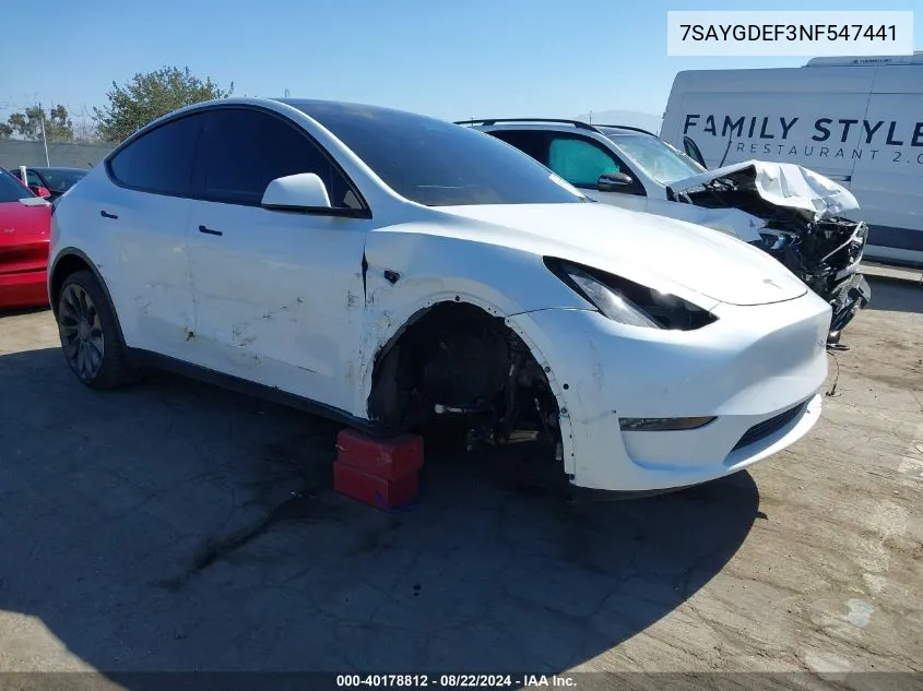 2022 Tesla Model Y Performance Dual Motor All-Wheel Drive VIN: 7SAYGDEF3NF547441 Lot: 40178812