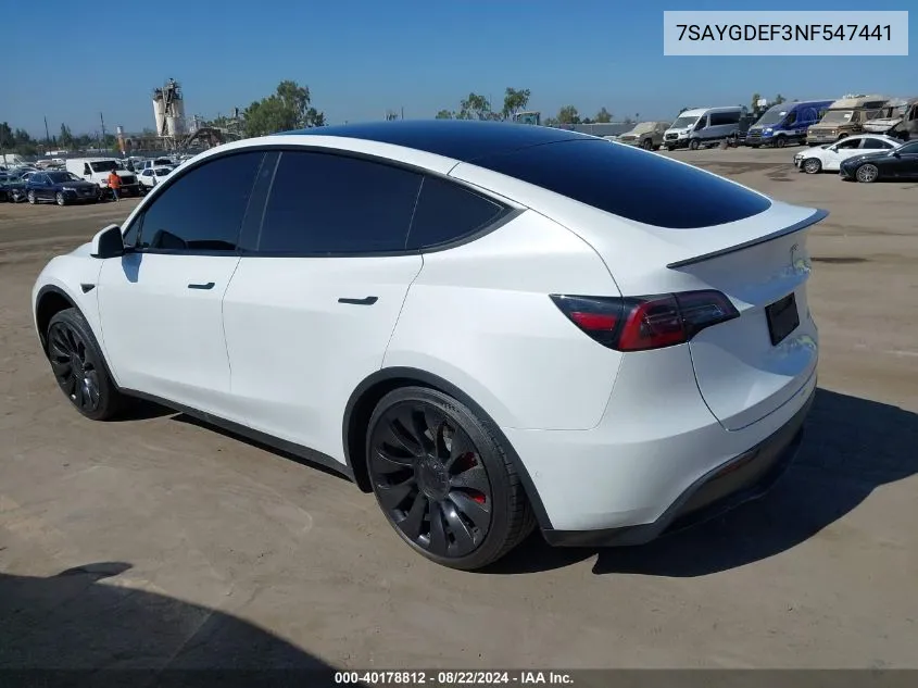 2022 Tesla Model Y Performance Dual Motor All-Wheel Drive VIN: 7SAYGDEF3NF547441 Lot: 40178812