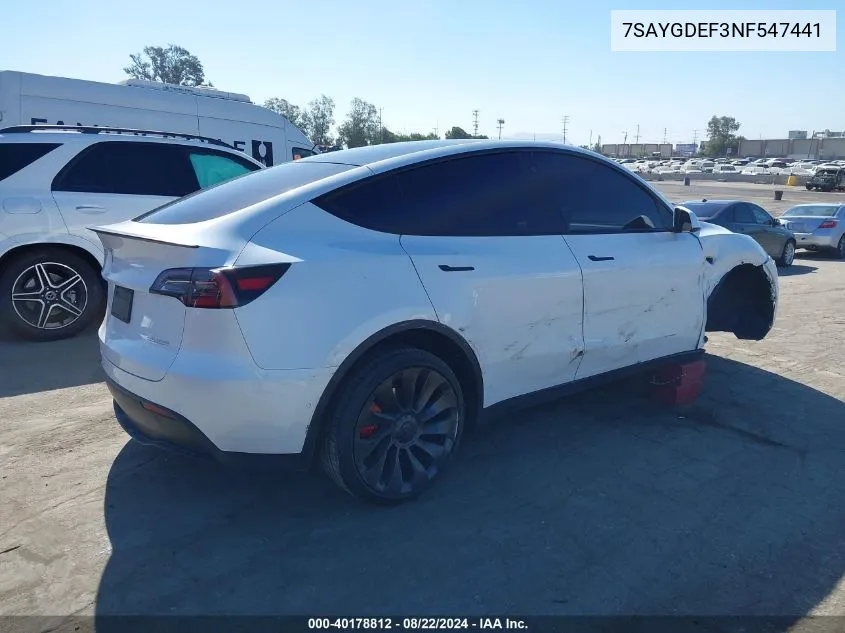 2022 Tesla Model Y Performance Dual Motor All-Wheel Drive VIN: 7SAYGDEF3NF547441 Lot: 40178812