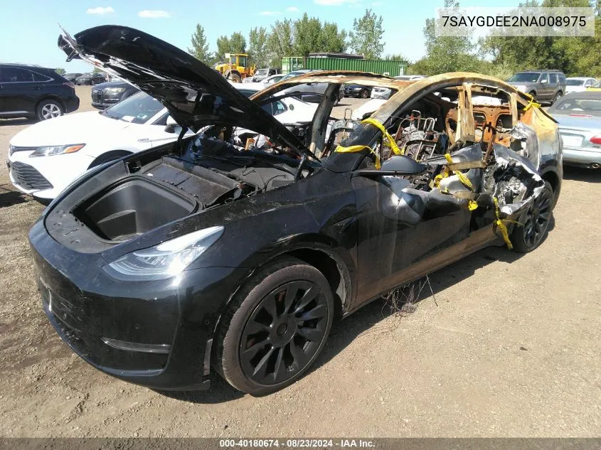 2022 Tesla Model Y Long Range Dual Motor All-Wheel Drive VIN: 7SAYGDEE2NA008975 Lot: 40180674