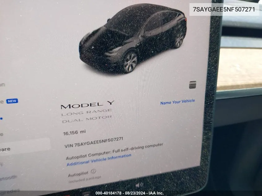 2022 Tesla Model Y Long Range Dual Motor All-Wheel Drive VIN: 7SAYGAEE5NF507271 Lot: 40184178