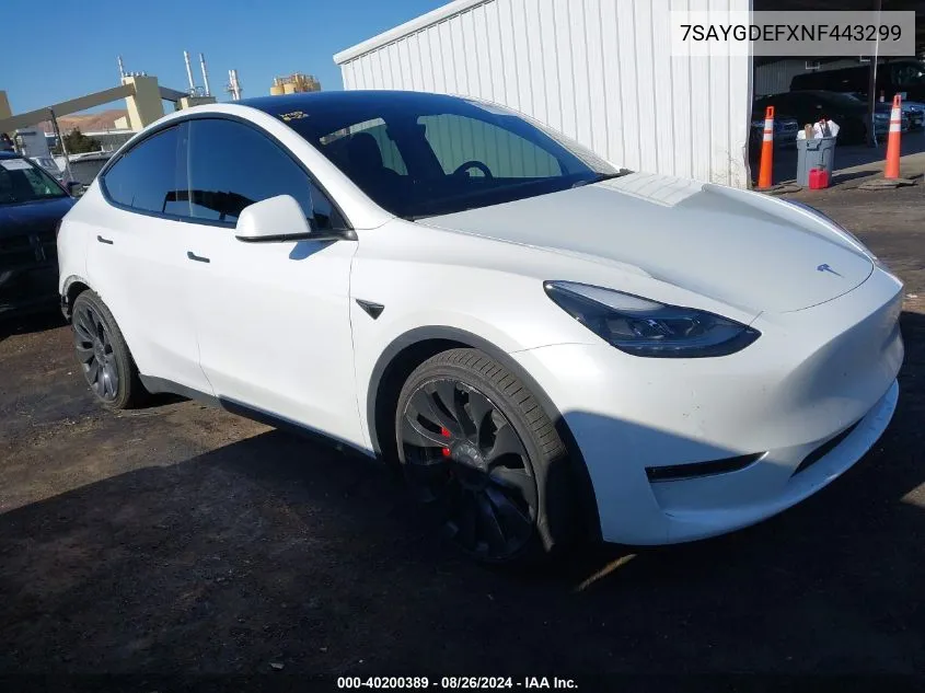 2022 Tesla Model Y Performance Dual Motor All-Wheel Drive VIN: 7SAYGDEFXNF443299 Lot: 40200389